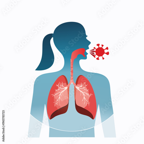 Respiratory lung infection vector illustration showing red glowing chest and coughing silhouette.