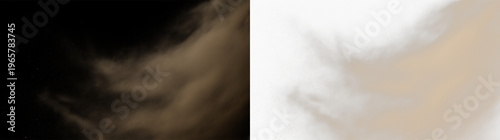 Dust sand soil smoke cloud particles isolated on transparent white background. Brown sandstorm smog sand dust explosion rising. Design elements for Compositing, covering, overlay.