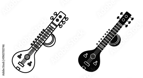 Vector illustration of sitar musical instrument vector icon set on a transparent background