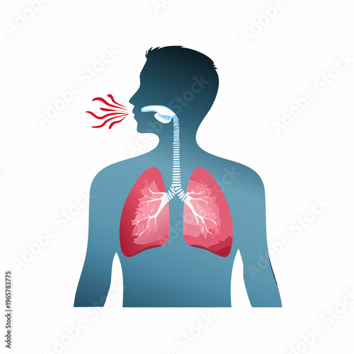 Respiratory lung infection vector illustration showing red glowing chest and coughing silhouette.