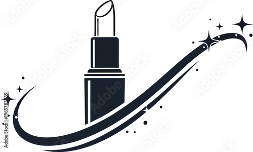 A black lipstick icon with a sparkly swirl on a white background