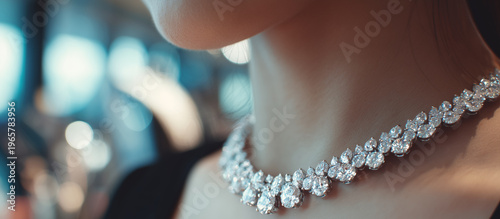 Close-up of a person trying on an elegant diamond necklace in a jewelry store