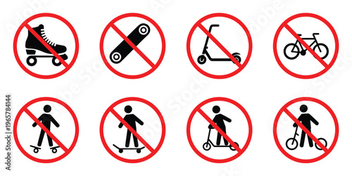 Ban rollerskate silhouette icon with bike forbid pictogram skateboard roller skate kick scooter symbols permitted green and no skating signs