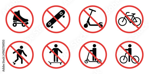 Ban rollerskate silhouette icon with bike forbid pictogram skateboard roller skate kick scooter symbols permitted green and no skating signs
