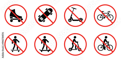 Ban rollerskate silhouette icon with bike forbid pictogram skateboard roller skate kick scooter symbols permitted green and no skating signs