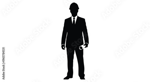 A formal businessman holding plans a striking black silhouette