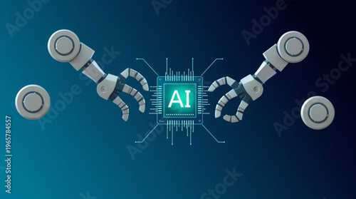 A futuristic robotic illustration representing artificial intelligence with a microchip and mechanical arms on a blue gradient background