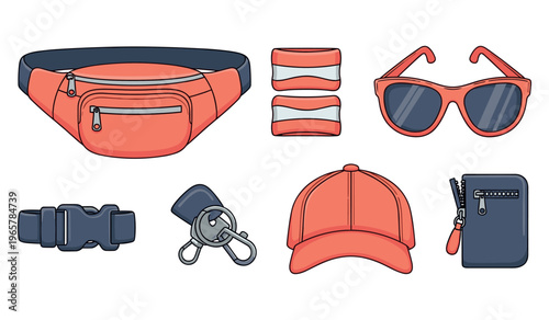 Collection of coral accessories: fanny pack, sunglasses, cap, and more
