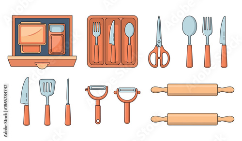 Collection of kitchen utensils with wooden handles