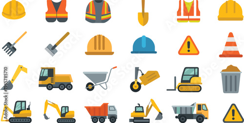  Construction safety icons collection, industrial equipment illustration, protective gear artwork, roadwork tools design, engineering machinery graphic, maintenance site concept