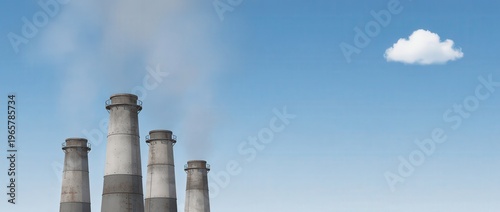 Two industrial smoke stacks emitting gray smoke against a clear blue sky representing conceptual visualization of industrial emissions and pollution