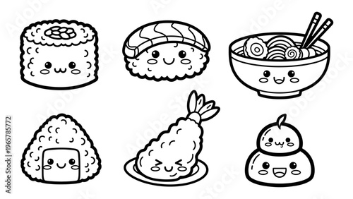 Kawaii Japanese food vector illustration set featuring cute sushi ramen onigiri and tempura characters for coloring book design