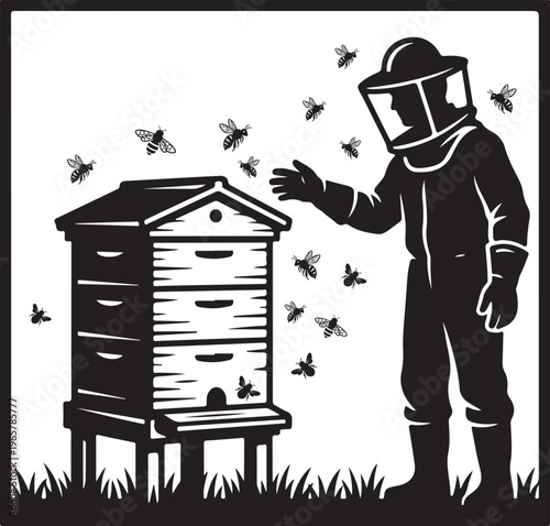 Beekeeper in protective suit inspecting beehive with flying bees