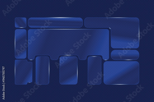 Modern blue glass frame ui dashboard layout background, glassmorphism style transparent  ui elements, Glossy glass shapes for interface design.