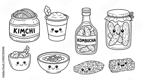 Kawaii fermented food vector illustration set with cute kimchi kombucha and pickles for coloring book and health concept