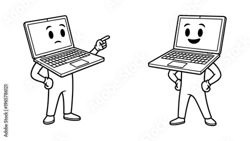 Laptop character mascots with happy and sad expressions vector illustration for tech support and software troubleshooting concept