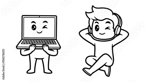 Cartoon boy with headphones and personified laptop character vector illustration for coloring book and technology concept