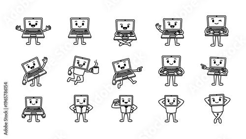 Cute laptop character mascot set with various poses and expressions for tech support and educational vector illustration