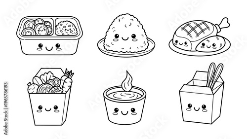 Kawaii food characters vector illustration set featuring bento box rice ball and takeout containers for coloring book and menu design
