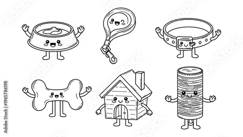 Cute kawaii pet accessories characters vector illustration set for children coloring book and pet shop branding