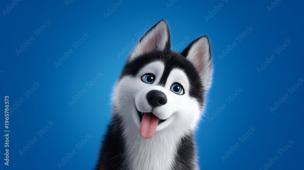 Obraz premium Happy cartoon husky dog with blue eyes and tongue out on blue background. 3D illustration of adorable cute pet in playful mood. 
