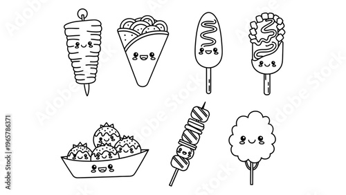 Cute kawaii street food characters vector illustration set featuring kebab crepe corn dog and takoyaki for coloring book