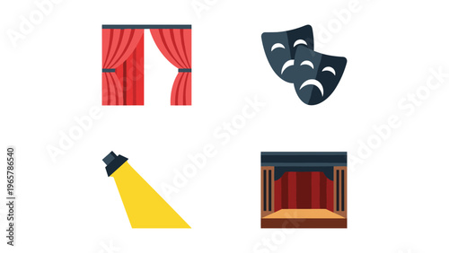 Iconic symbols representing classic theatrical elements and stage lighting