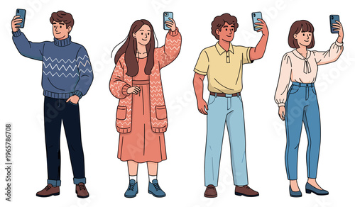 Young diverse group taking selfies with smartphones