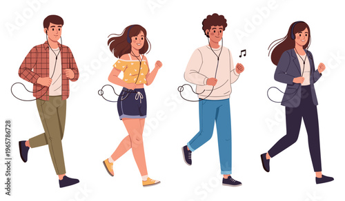 Diverse young adults jogging with headphones: active lifestyle illustration