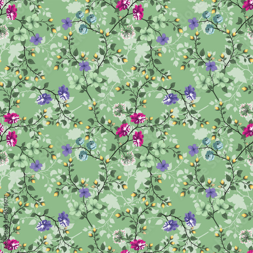 A dark blue background is covered with a delicate floral pattern of small flowers
