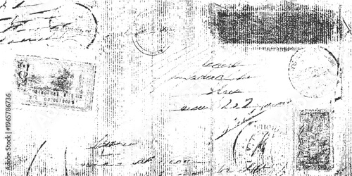 Vintage handwritten letters and postage stamps with circular postmarks and textured background