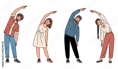 Diverse group of young adults stretching in exercise poses