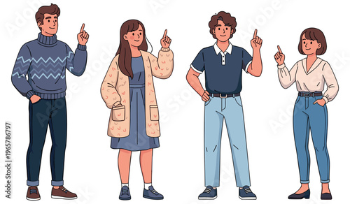 Young caucasian adults and teen in casual outfits pointing upward