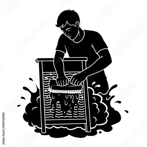 Man actively cleaning clothes on a traditional washboard, showcasing manual laundry