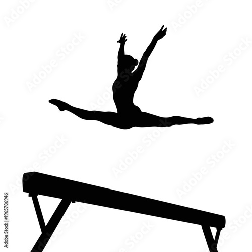 Agile gymnast's dynamic mid-air split leap over balance beam silhouette illustration