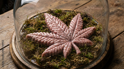 A pink cannabis leaf sits on moss in a glass dome on a wooden table indoors.