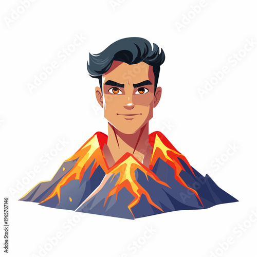 Dynamic Illustration of a Man's Head Rising from an Erupting Volcano, Symbolizing Inner Fire and Potent Energy