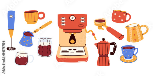 Retro coffee brewing tools set. Vector illustration with espresso machine, moka pot, cezve, milk frother, and cute patterned cups. Isolated objects. Kitchen collection for home baristas