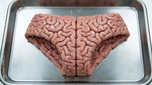 A brain-like model resembling underwear sits on a metal tray indoors.