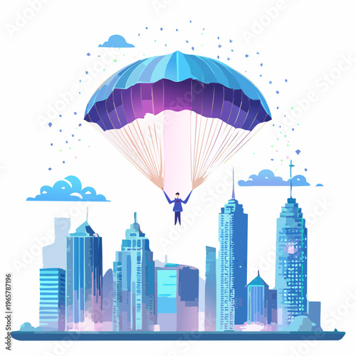 Man with Parachute Skydiving Over a Futuristic Cityscape with Skyscrapers