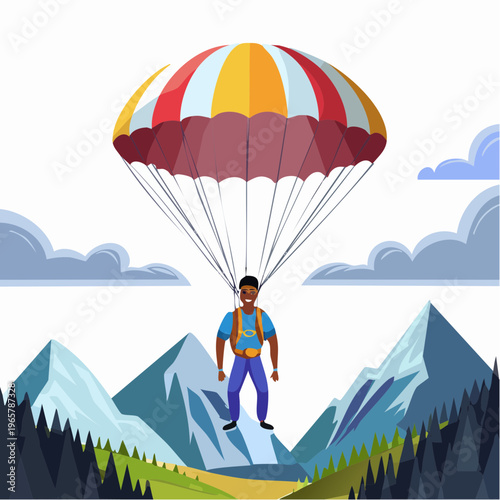 Exhilarating solo skydiver descending through a vibrant mountain range with a colorful parachute on an adventurous journey