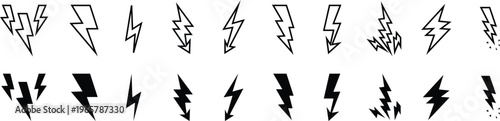 A collection of various lightning bolt icons in black and white on a plain background