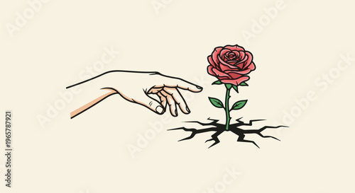 Hand reaches for a blooming rose emerging from cracked earth