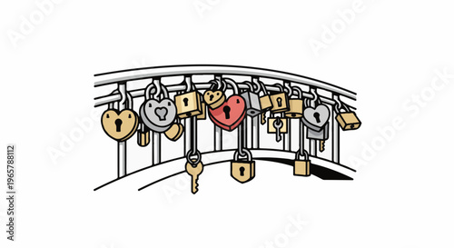 A bridge railing adorned with a variety of colorful and heart-shaped padlocks