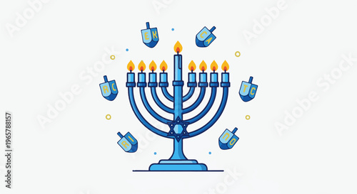 A bright blue menorah with lit candles surrounded by spinning dreidels