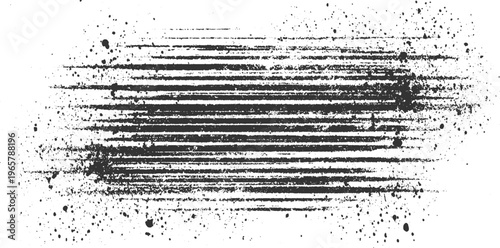 Dark horizontal brush strokes and scattered ink splatters on a white background abstract black