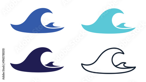 Four stylized waves in varying shades of blue and white