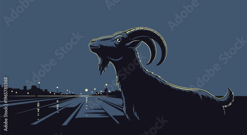 A dark goat stands on a road with city lights reflecting in puddles
