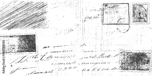 Vintage handwritten letter with postage stamps and scribbled lines