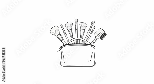 A collection of diverse makeup brushes emerging from a cosmetic bag